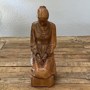 Vintage Olive Wood Sculpture Woman Kneeling Carved by Omar Bakri